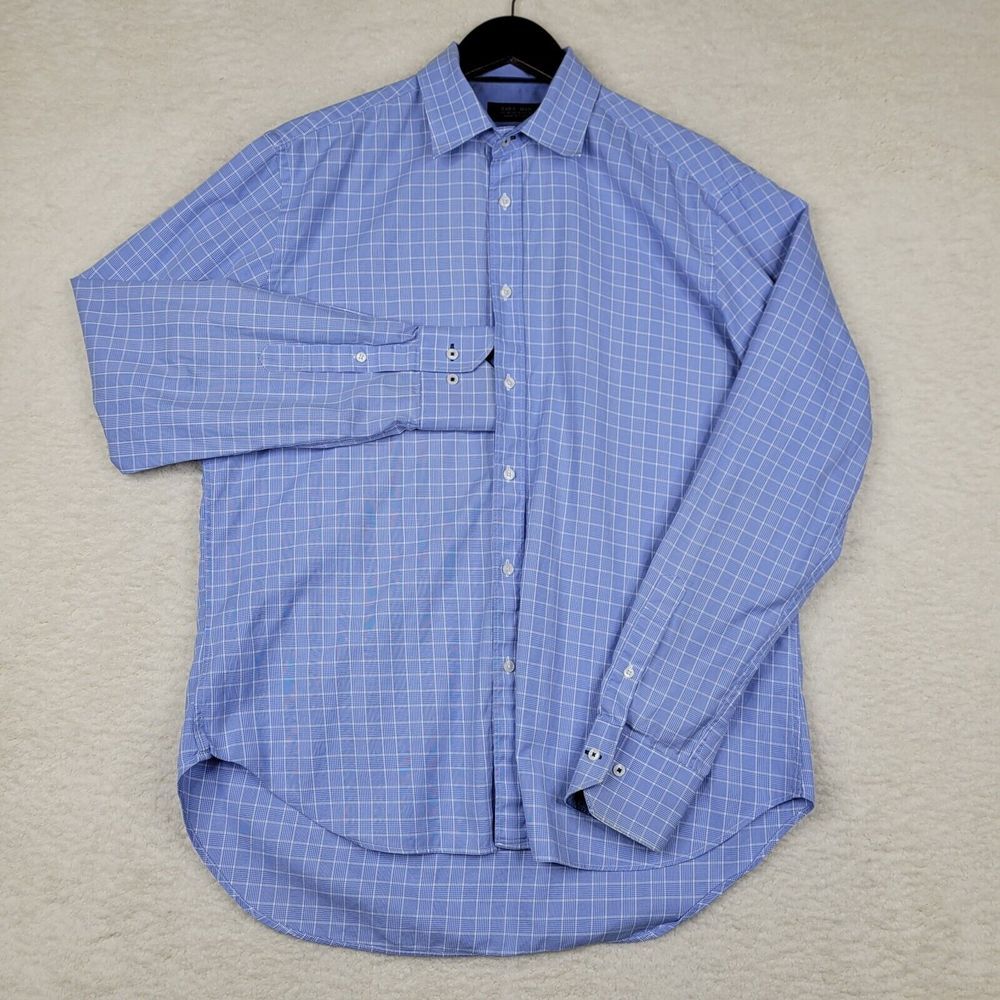 Zara Man Shirt Mens 16 Blue White Tailored Fit Check Long Sleeve Button‎ Up